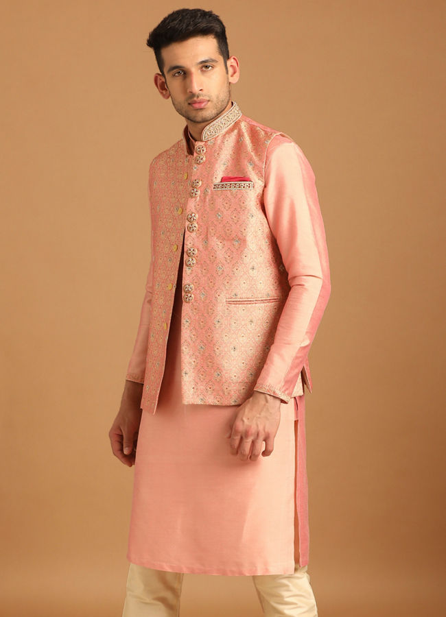 alt message - Manyavar Men Gajaree Pink Celebration Wear Kurta Jacket Set image number 1