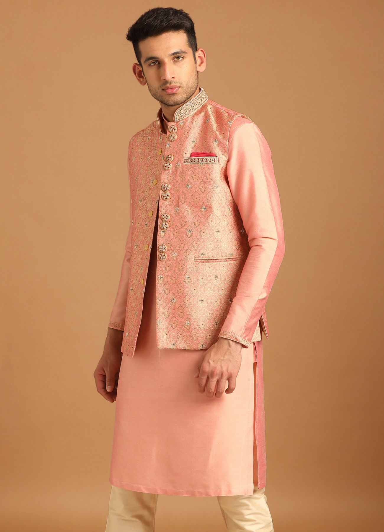 Manyavar Men Gajaree Pink Celebration Wear Kurta Jacket Set