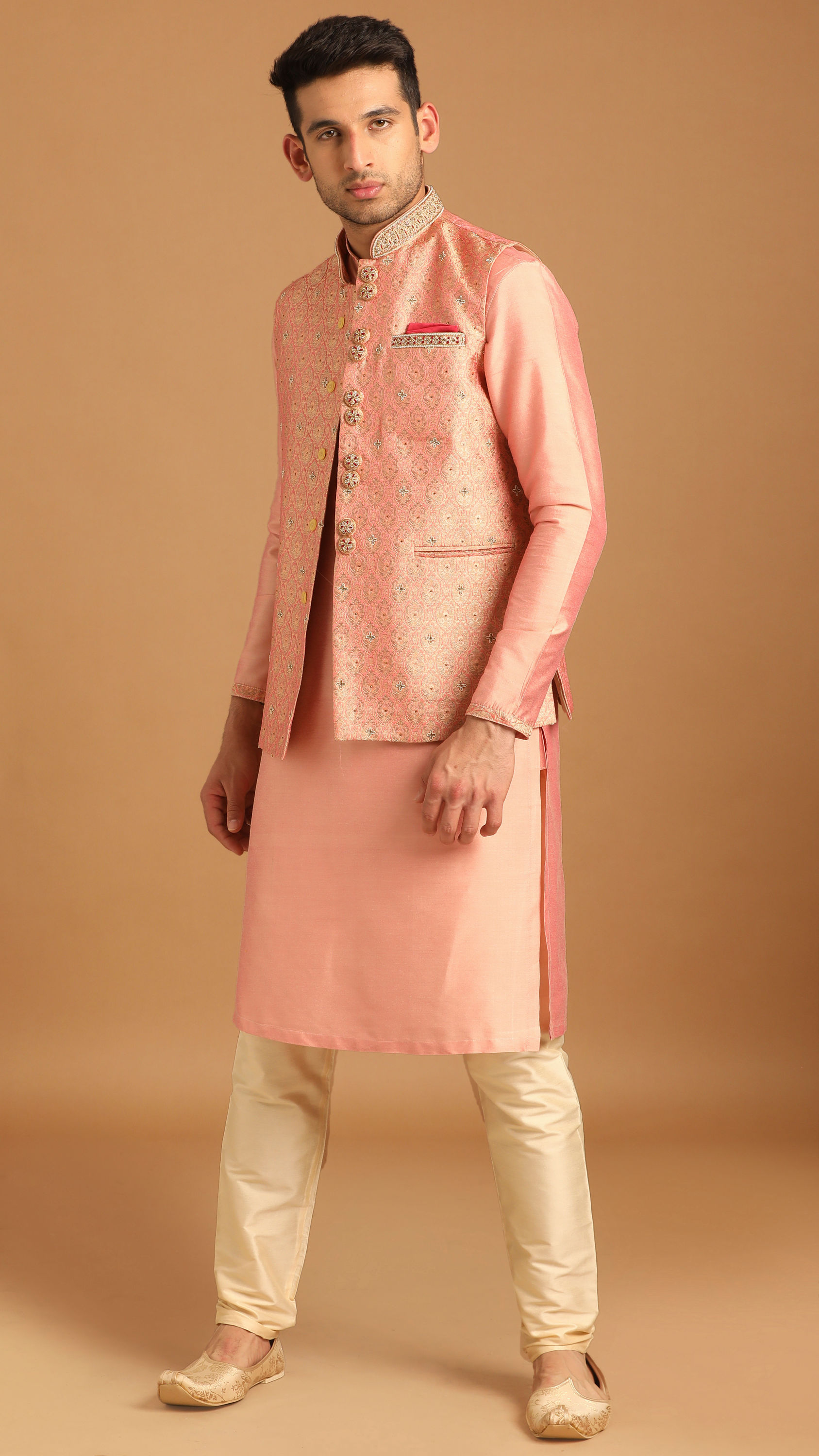 Manyavar Men Gajaree Pink Celebration Wear Kurta Jacket Set