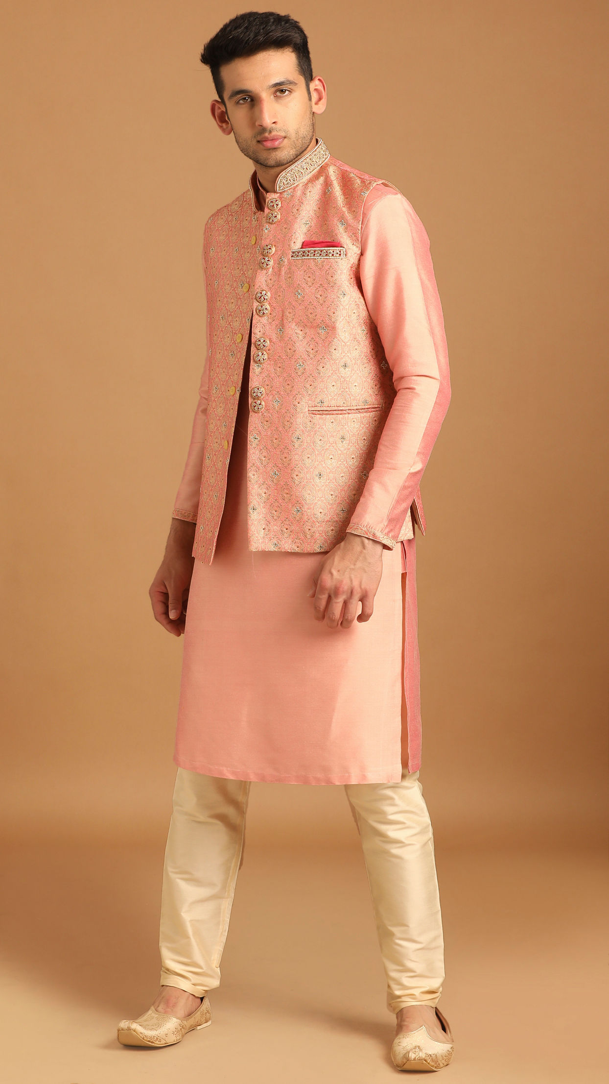 Gajaree Pink Celebration Wear Kurta Jacket Set image number 1