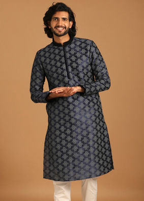 alt message - Manyavar Men Royal Blue Self Design Kurta Pajama image number 1