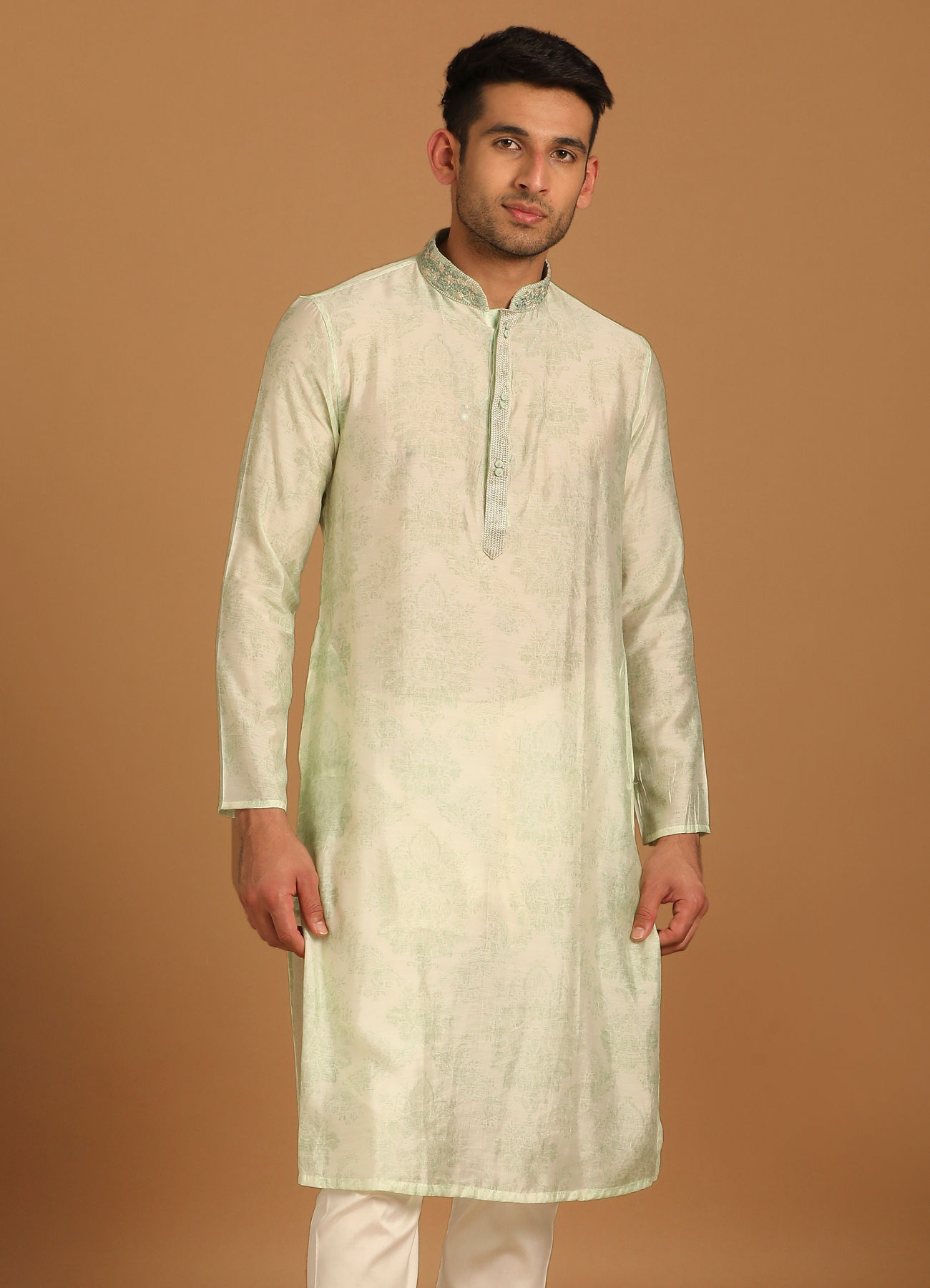 Manyavar Men Faded Green Printed Kurta Set