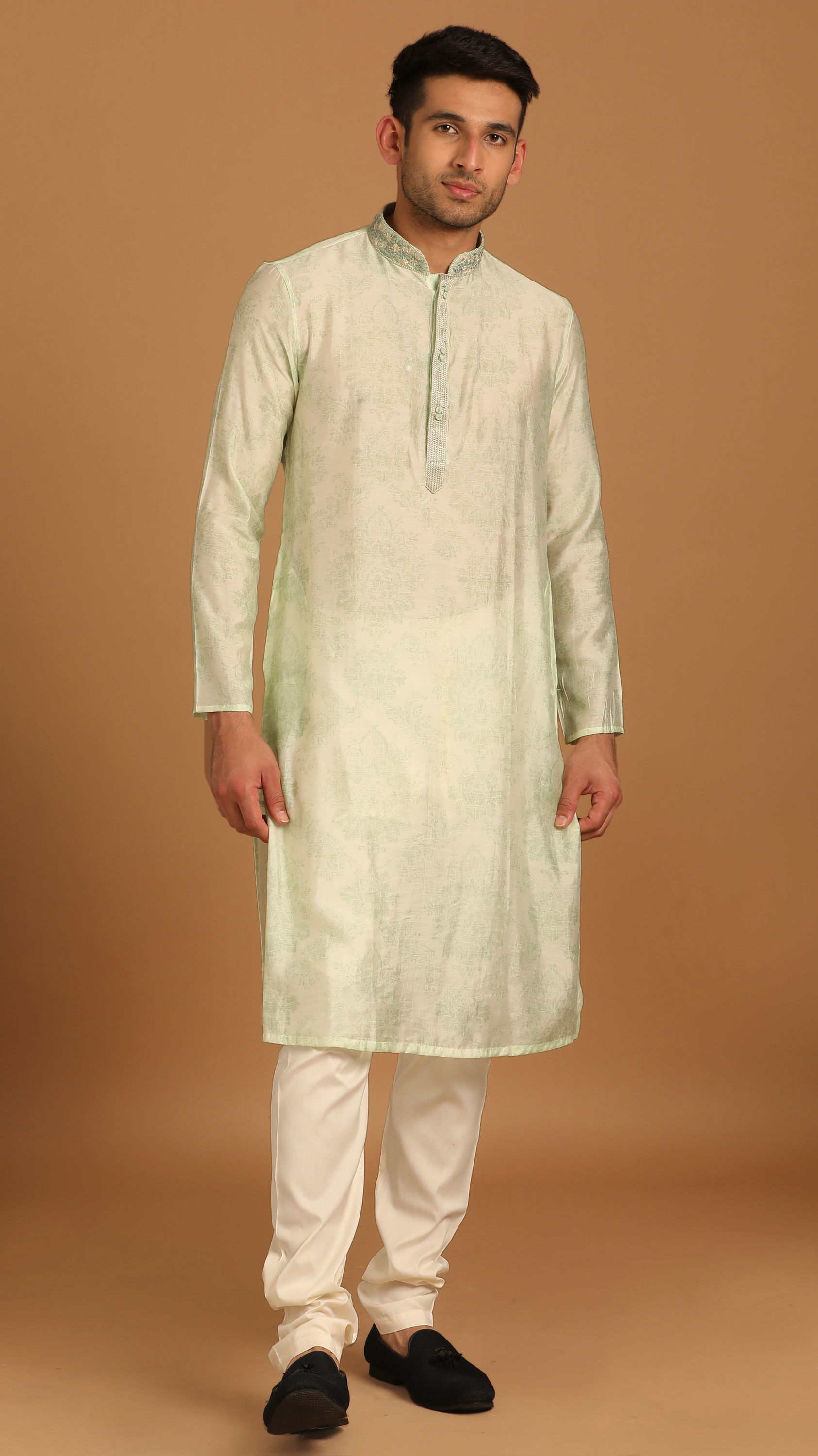 Manyavar Men Faded Green Printed Kurta Set
