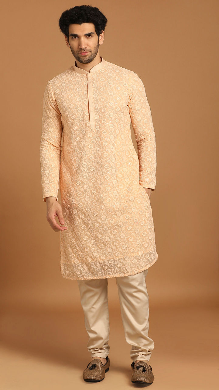 Manyavar Men Georgette Light Pink Kurta Set