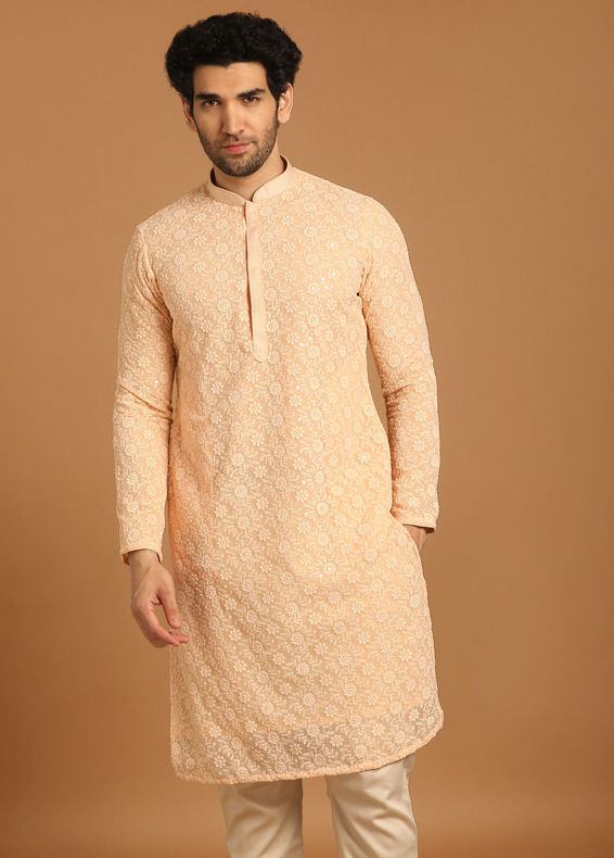 Manyavar Men Georgette Light Pink Kurta Set