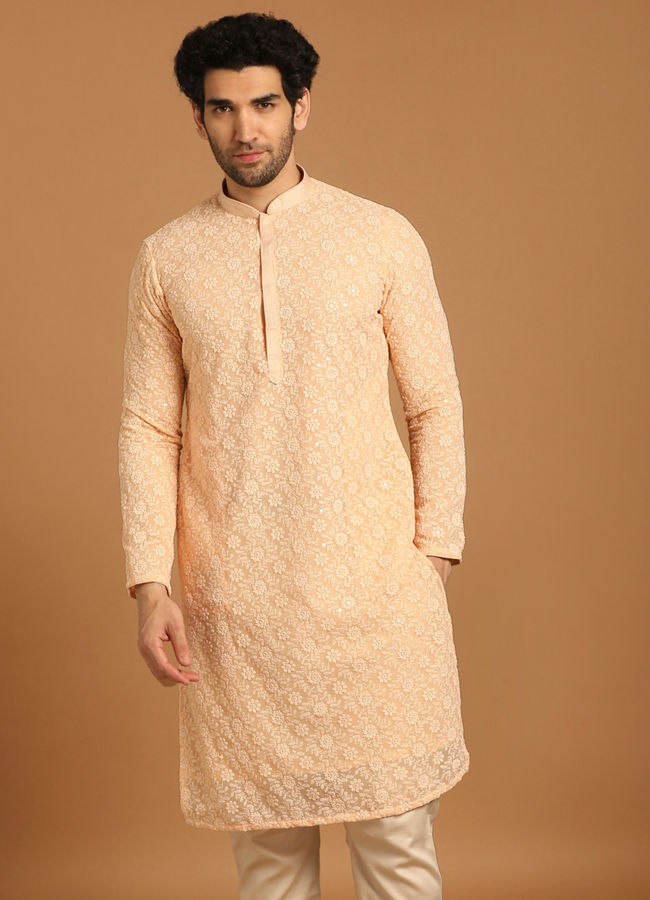 Manyavar Men Georgette Light Pink Kurta Set