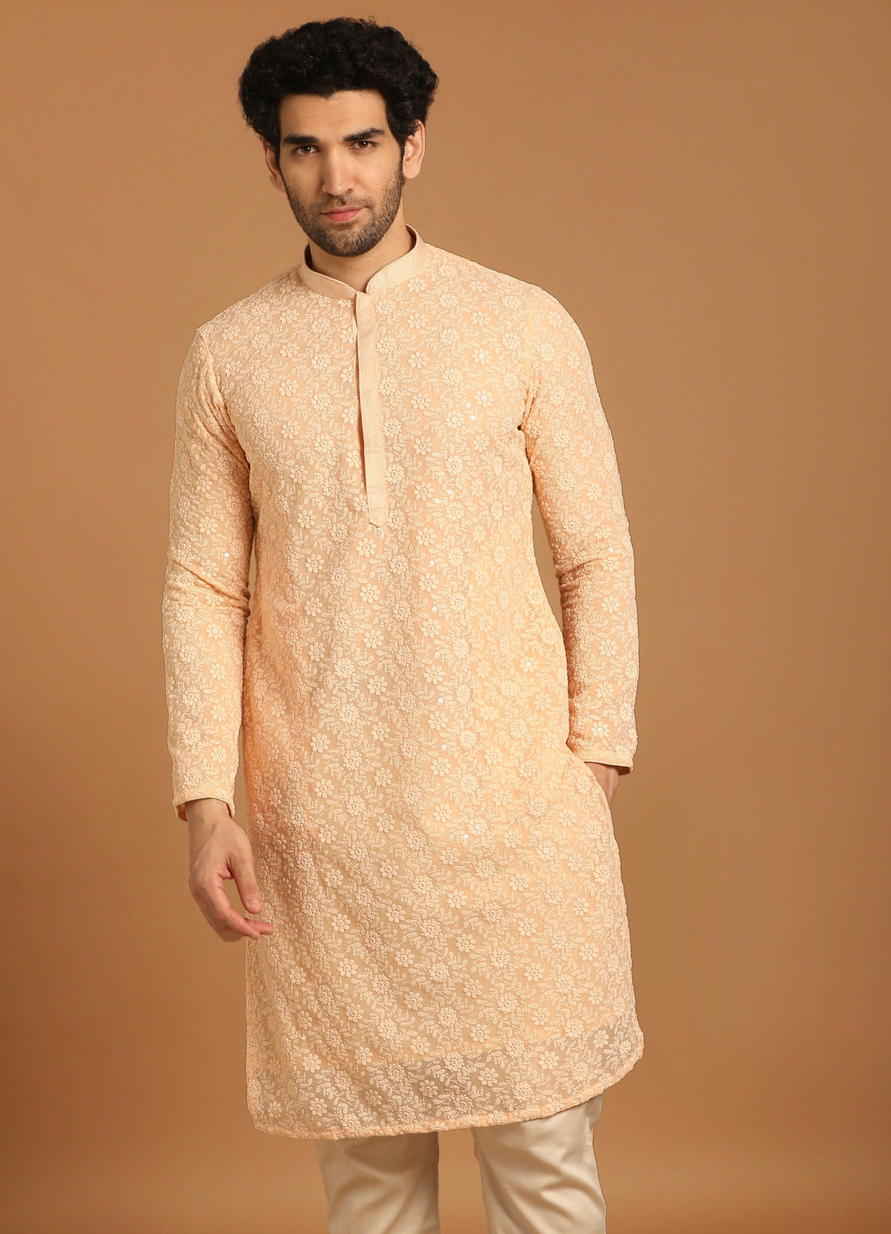 alt message - Manyavar Men Georgette Light Pink Kurta Set image number 1