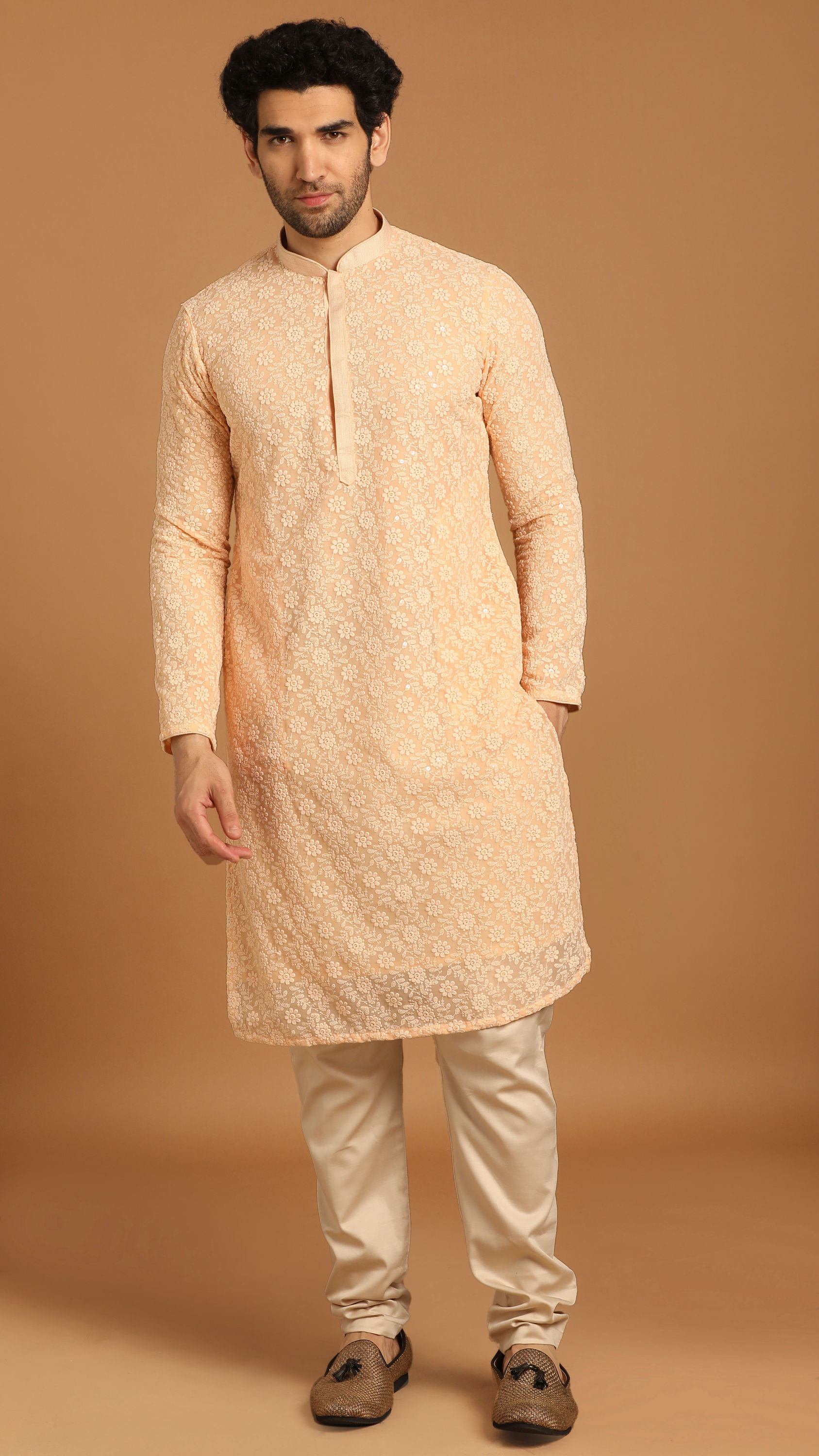 Manyavar Men Georgette Light Pink Kurta Set