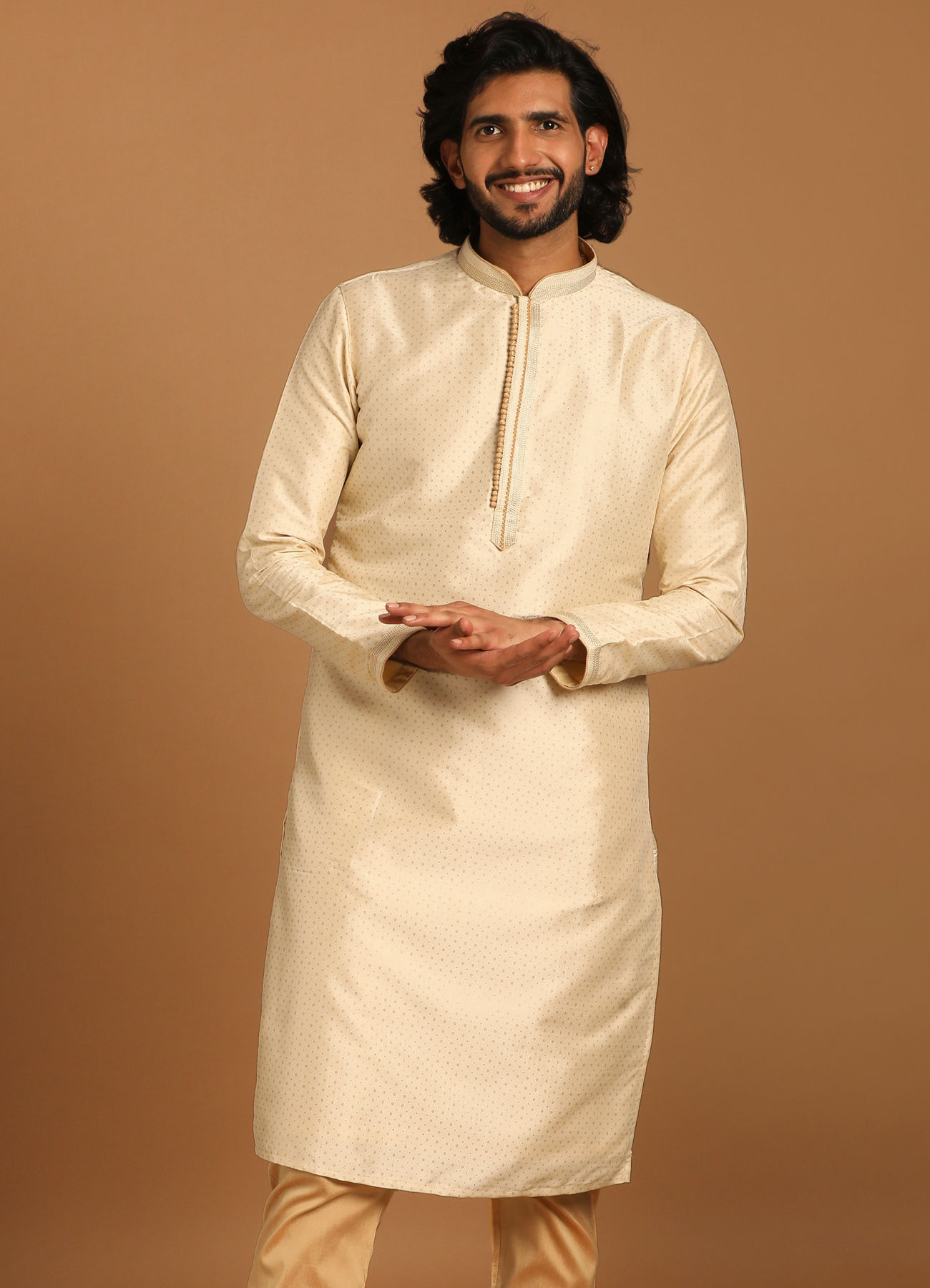 Manyavar Men Sand Kurta Set With Dot Motifs