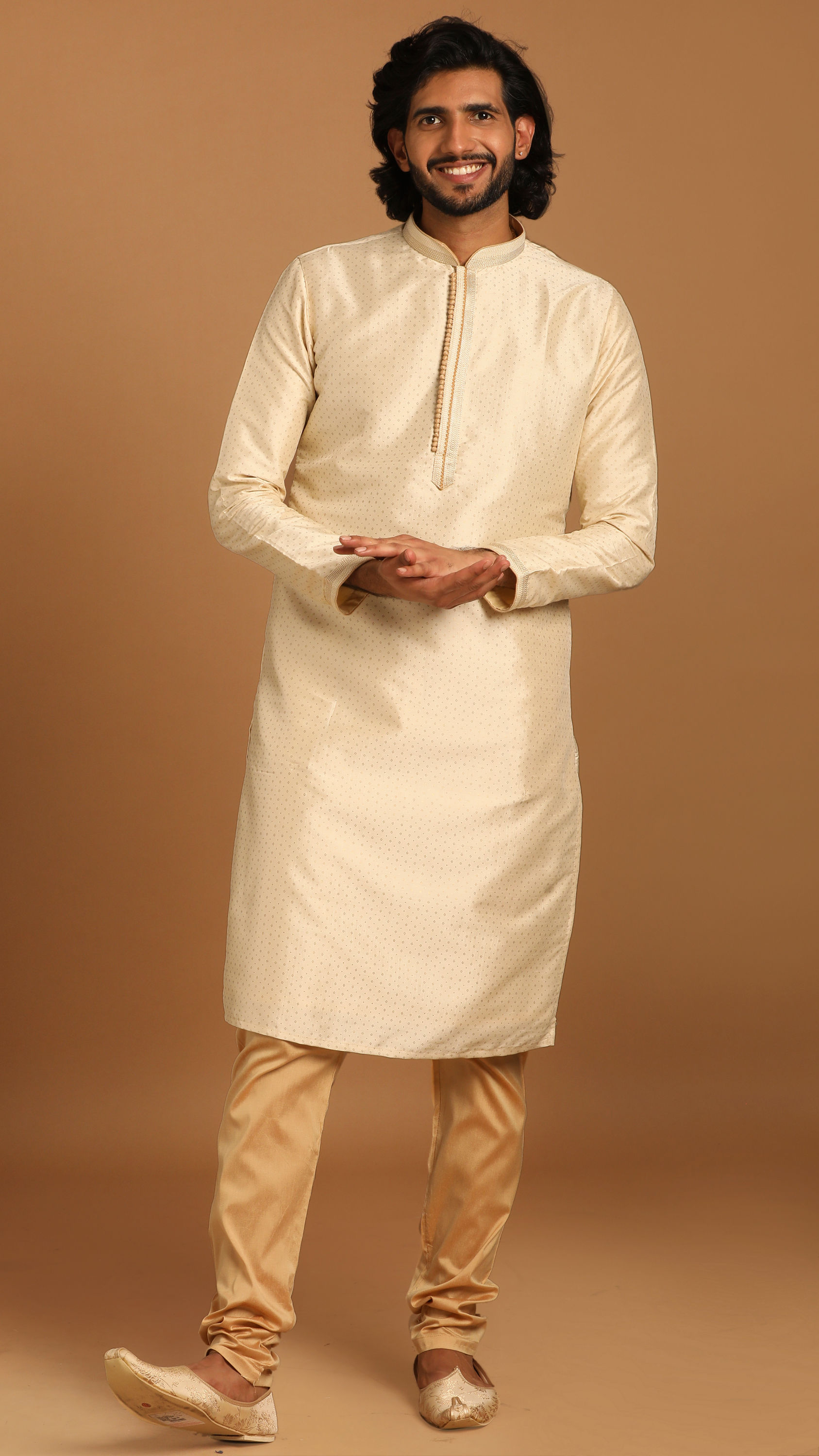 Manyavar Men Sand Kurta Set With Dot Motifs