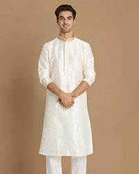 Manyavar Men Off White Plain Kurta Set