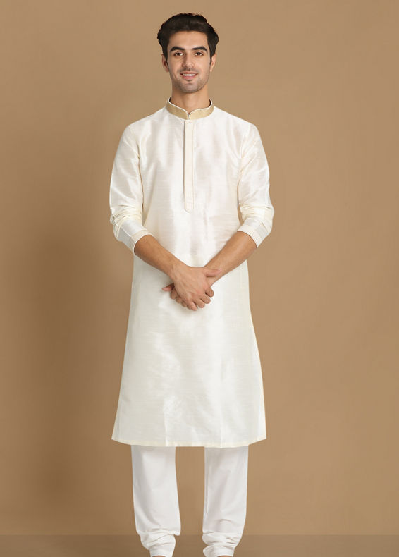 Manyavar Men Off White Plain Kurta Set