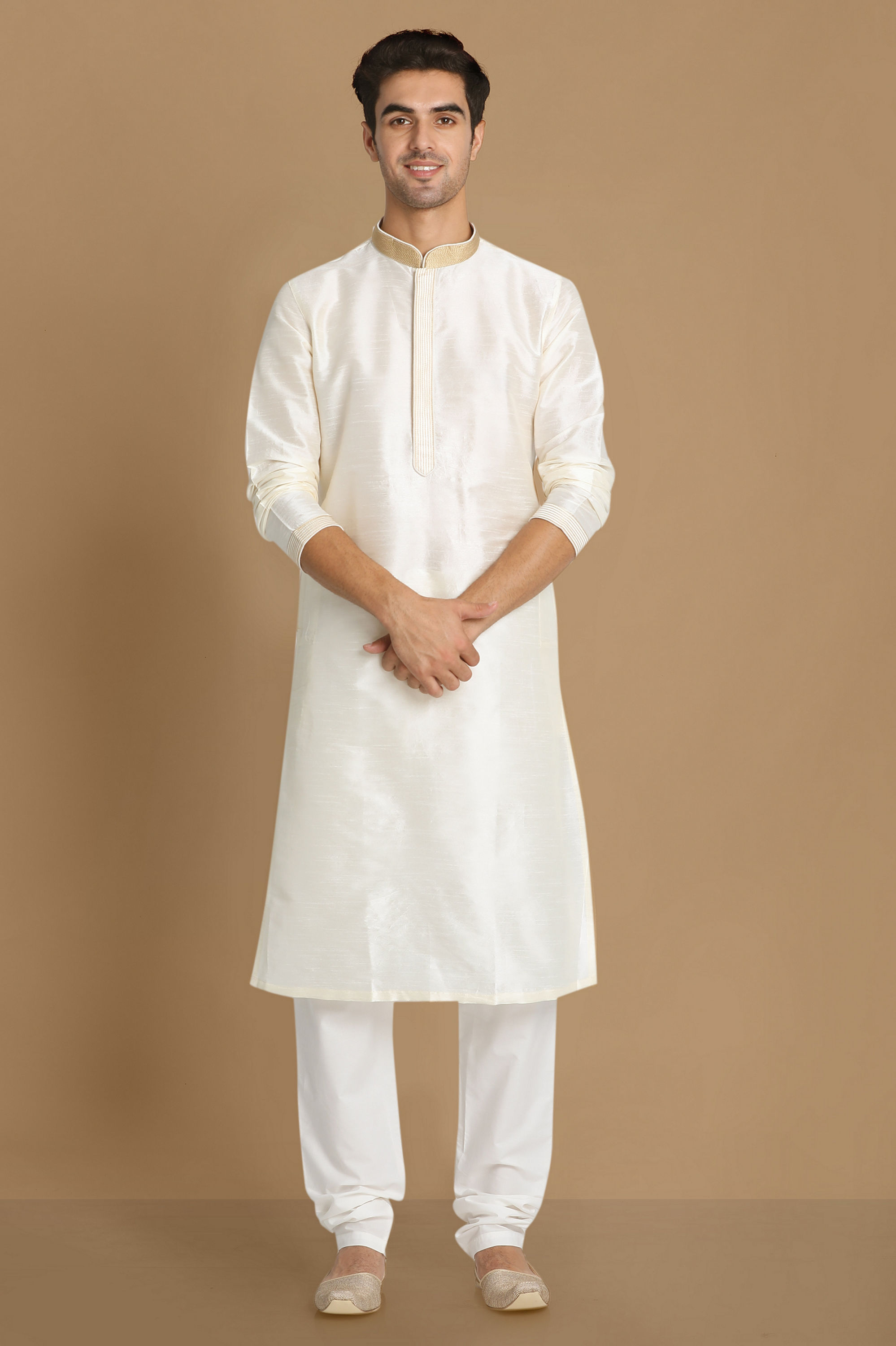 Manyavar Men Off White Plain Kurta Set