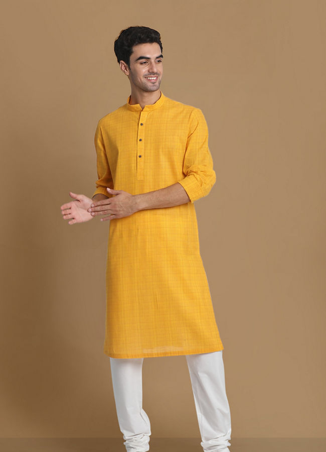 Manyavar Men Canary Yellow Self Striped Kurta image number 1