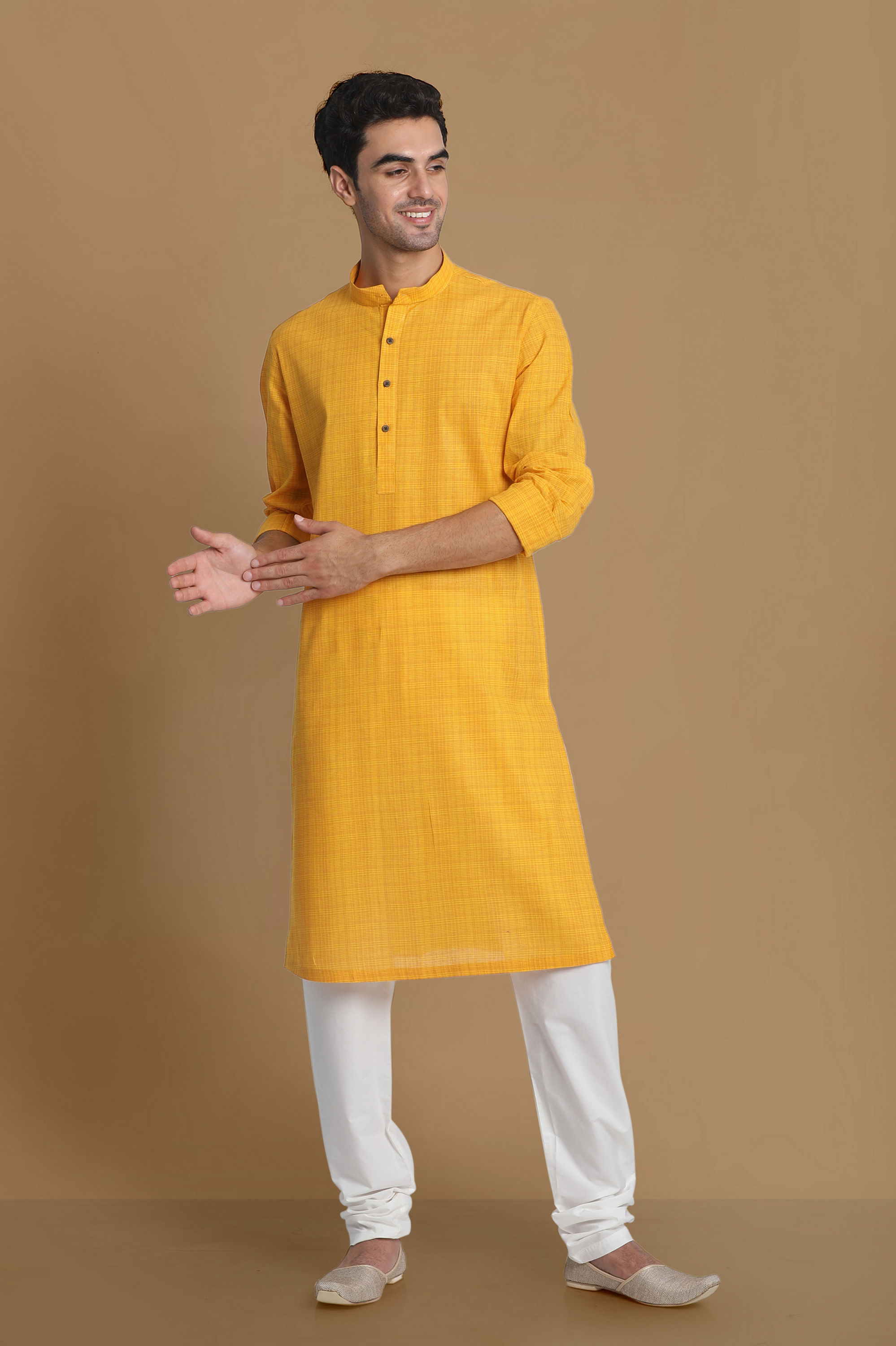 Manyavar Men Canary Yellow Self Striped Kurta