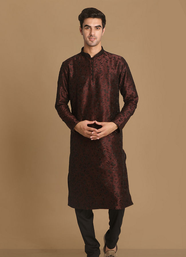 alt message - Manyavar Men Wine Self Floral Motif Kurta Set image number 1