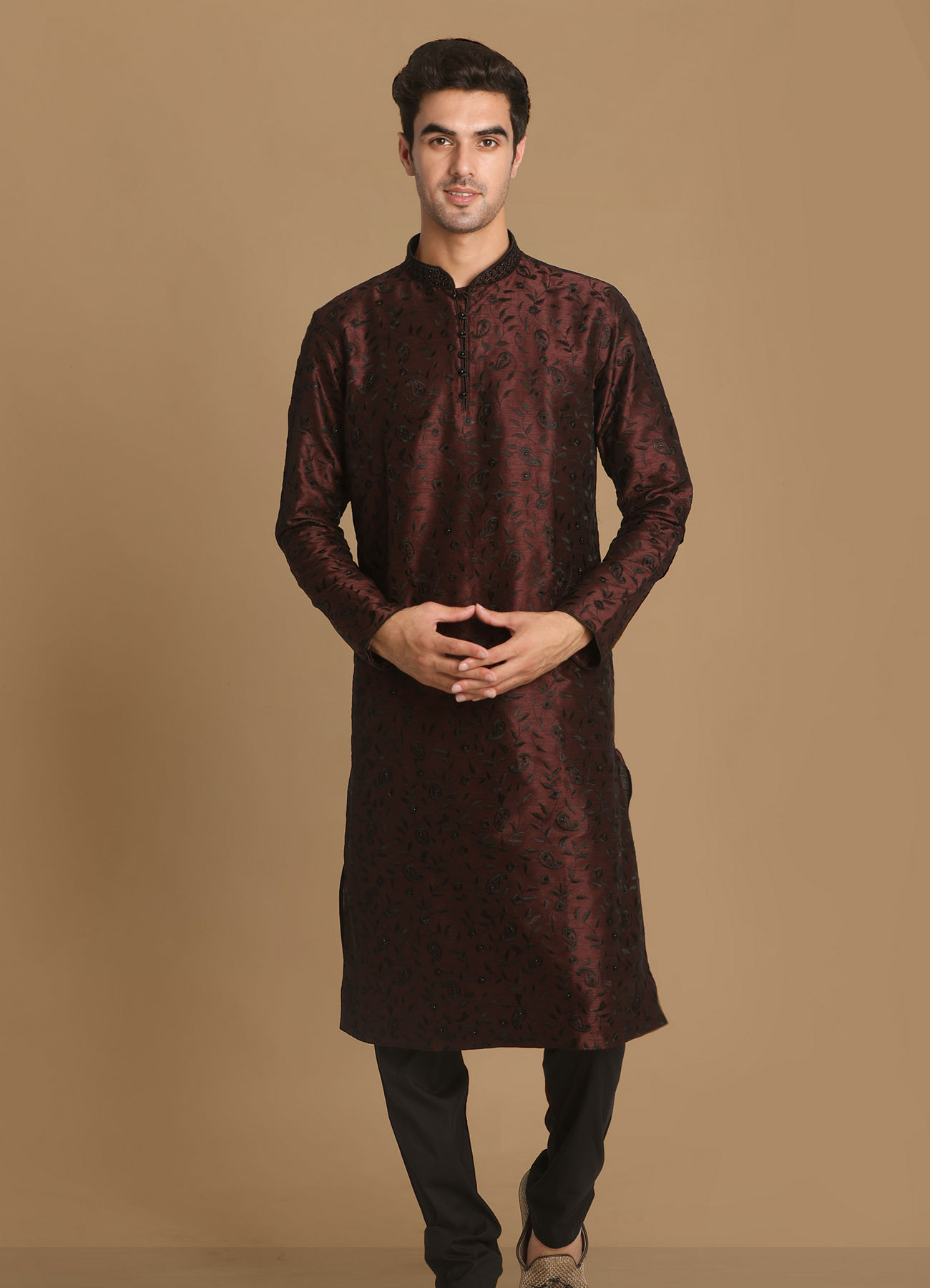 Manyavar Men Wine Self Floral Motif Kurta Set