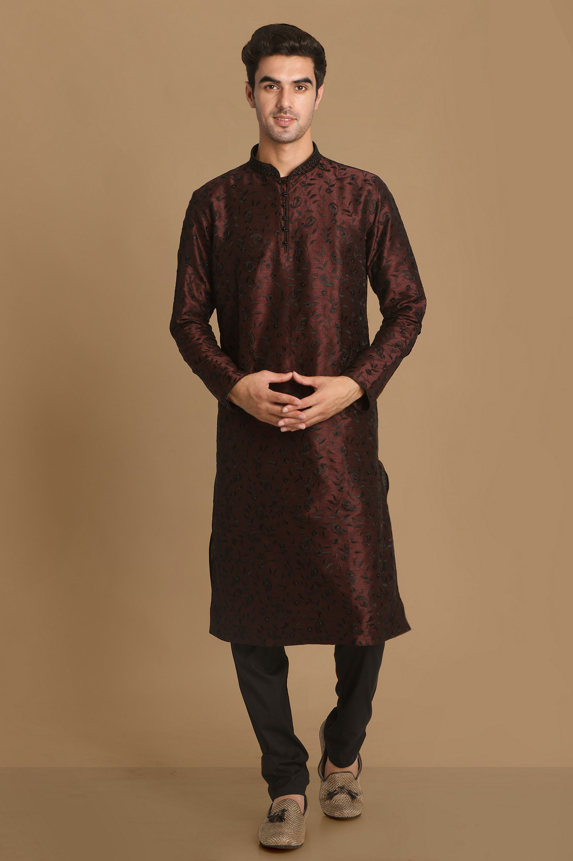 Manyavar Men Wine Self Floral Motif Kurta Set