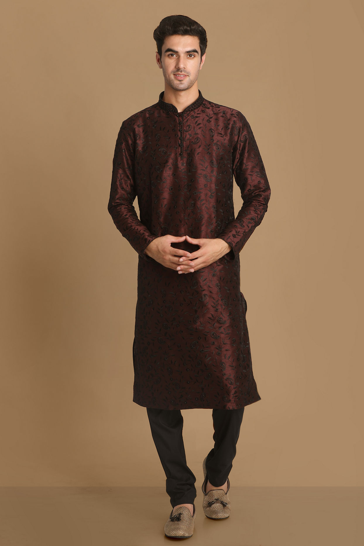 Manyavar Men Wine Self Floral Motif Kurta Set