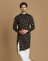 alt message - Manyavar Men Black Side Open Floral Print Kurta image number 1