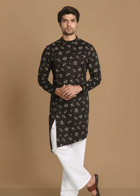Manyavar Men Black Side Open Floral Print Kurta