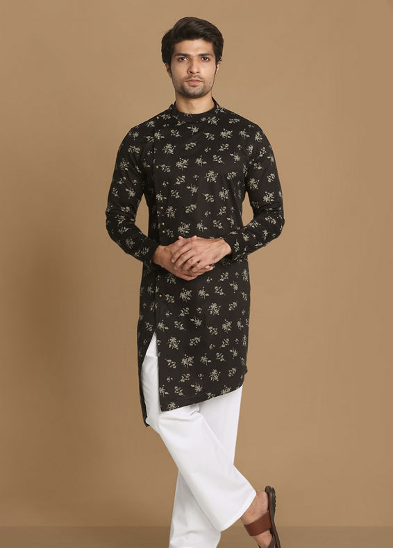 Manyavar Men Black Side Open Floral Print Kurta