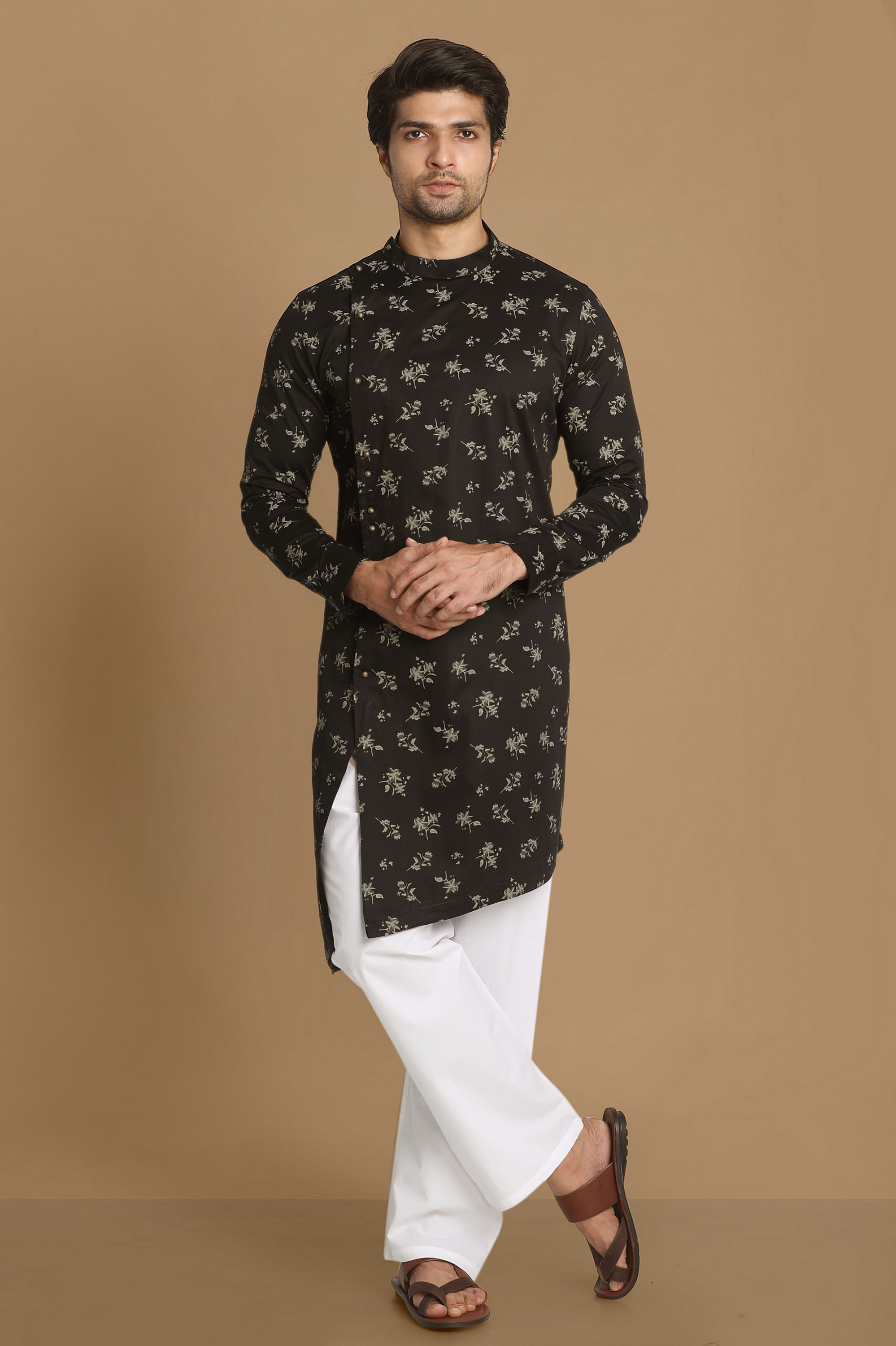 Manyavar Men Black Side Open Floral Print Kurta