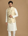 Manyavar Men Biege Floral Print Kurta Jacket Set
