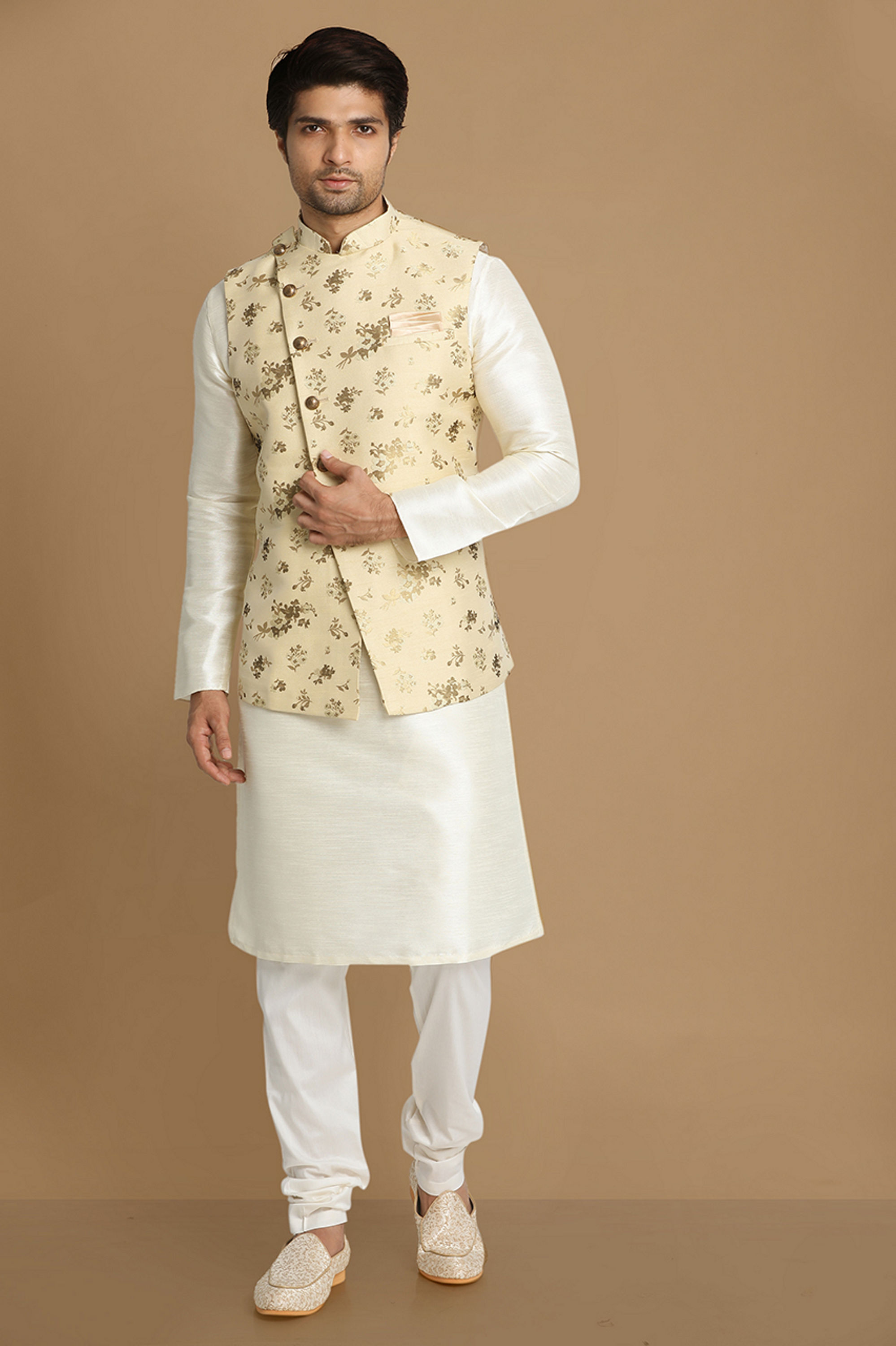 Manyavar Men Biege Floral Print Kurta Jacket Set