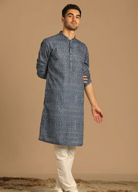 alt message - Manyavar Men Casual Blue Kurta image number 1