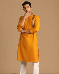 Manyavar Men Mustard Yellow Kurta With Neck Detailing