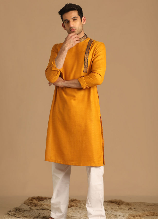Buy Mustard Yellow Kurta With Neck Detailing Online in India Manyavar