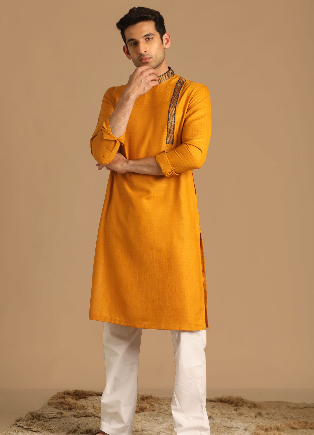 Manyavar Men Mustard Yellow Kurta With Neck Detailing