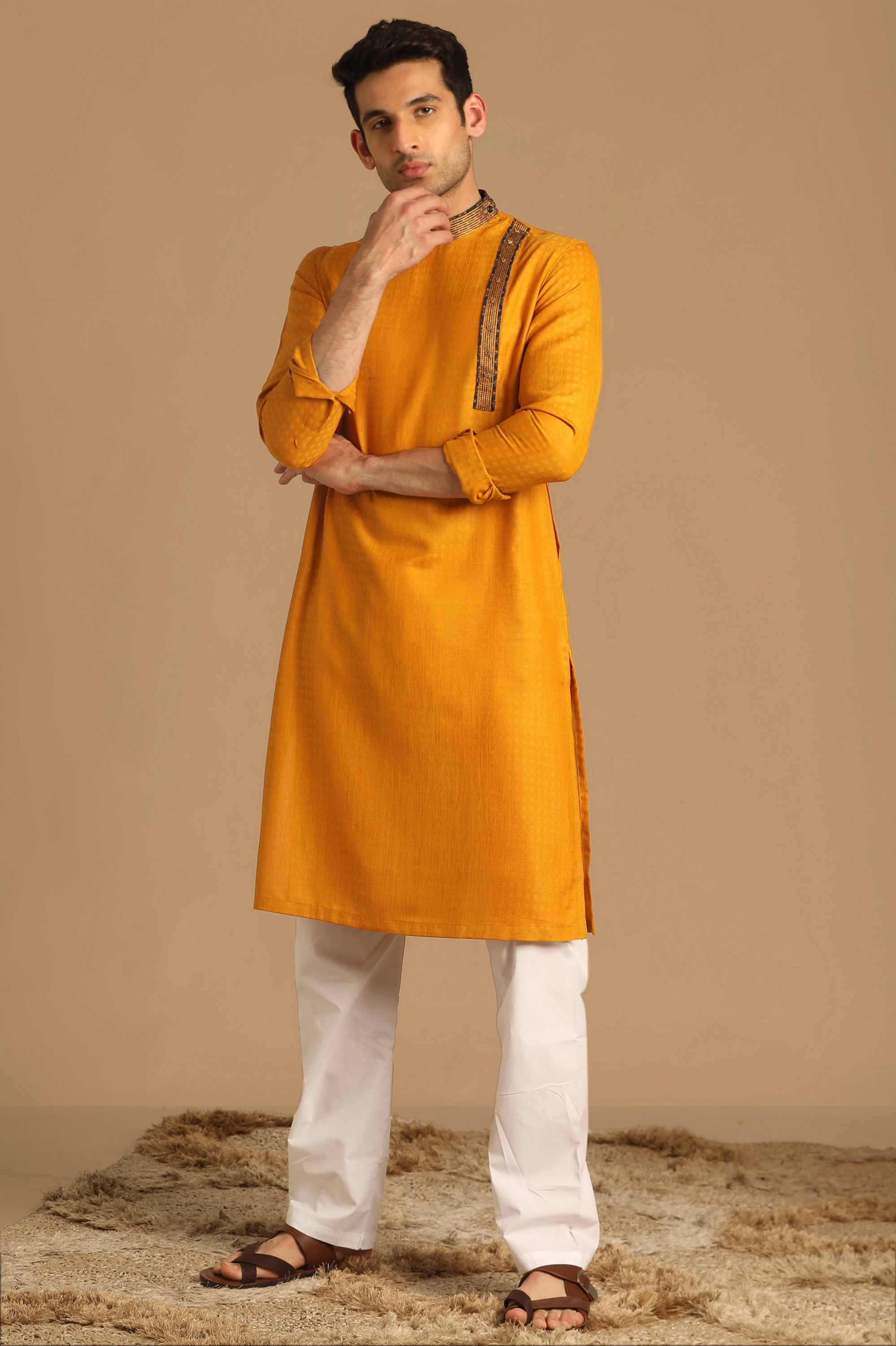 Manyavar Men Mustard Yellow Kurta With Neck Detailing