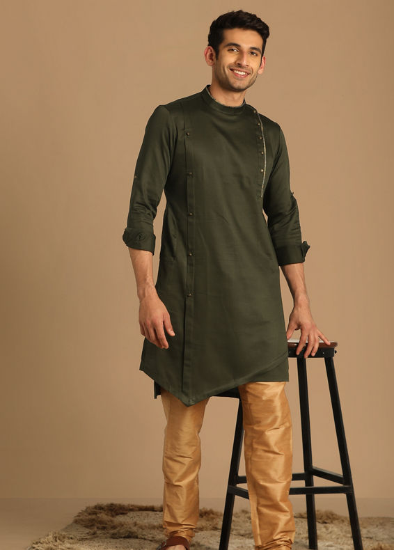 Manyavar Men Moss Green Side Open Kurta