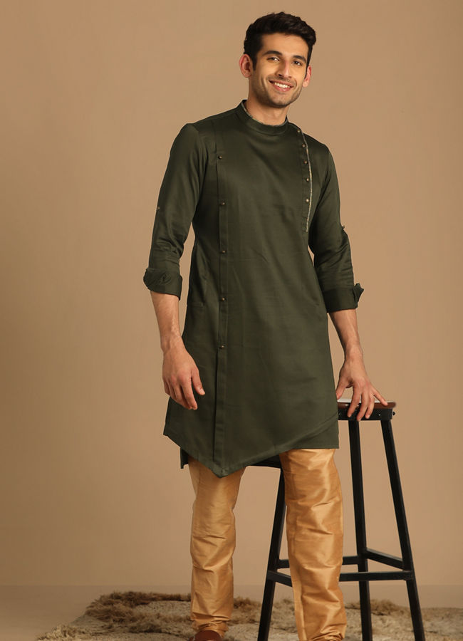 Manyavar Men Moss Green Side Open Kurta