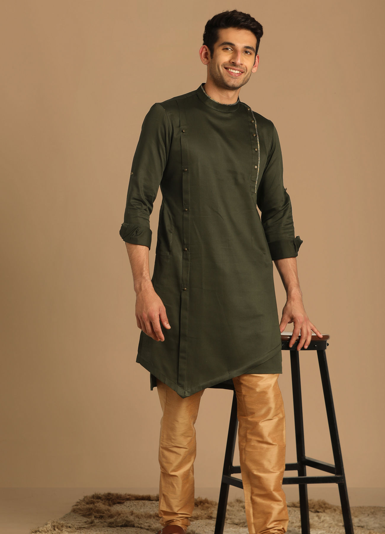 Manyavar Men Moss Green Side Open Kurta