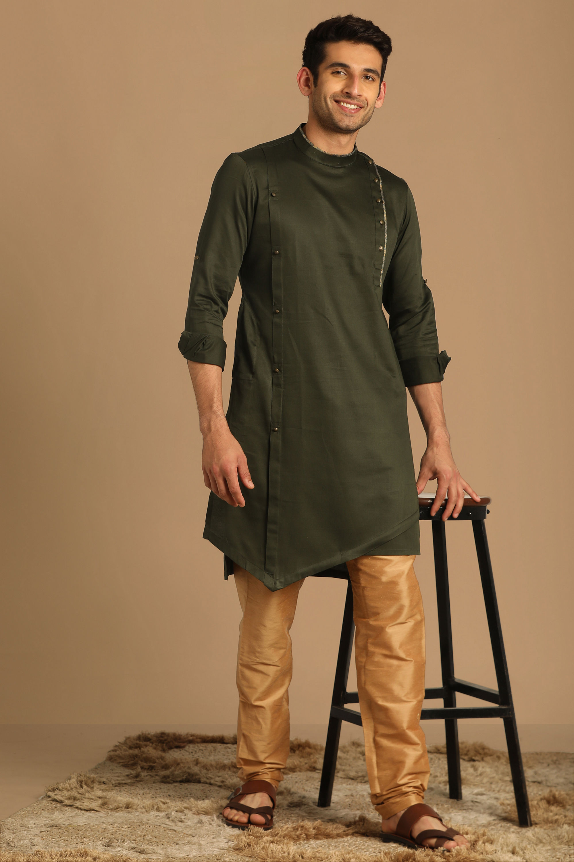 Manyavar Men Moss Green Side Open Kurta