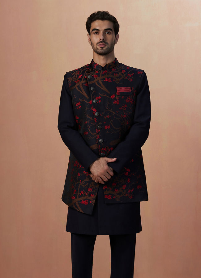 Buy Dark Blue Indo Western With Red Floral Motifs Online in India ...