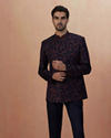 Manyavar Men Dark Blue Self Weaved Bandhgala Indo Western