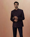 alt message - Manyavar Men Dark Blue Self Weaved Bandhgala Indo Western image number 1