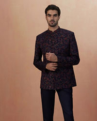 Manyavar Men Dark Blue Self Weaved Bandhgala Indo Western