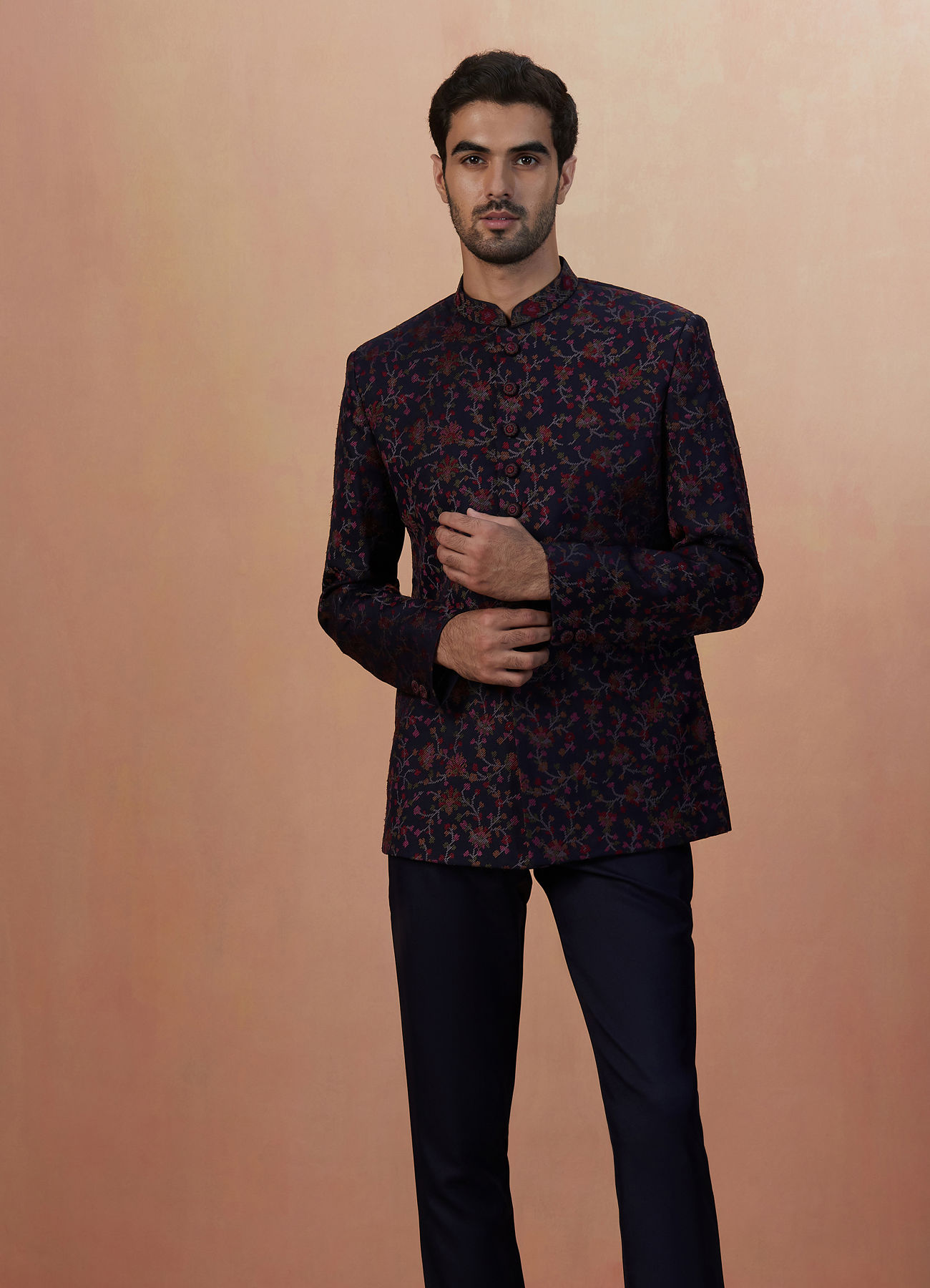 Manyavar Men Dark Blue Self Weaved Bandhgala Indo Western