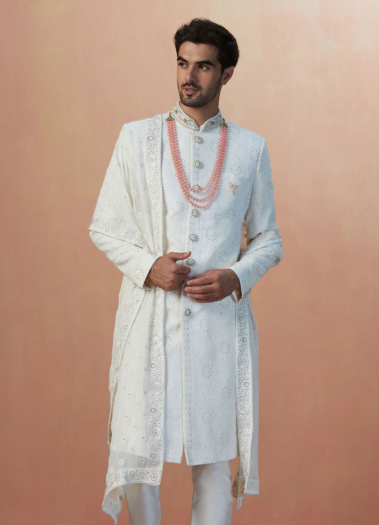 Manyavar Men Pearl White Chikankari Sherwani With Dupatta