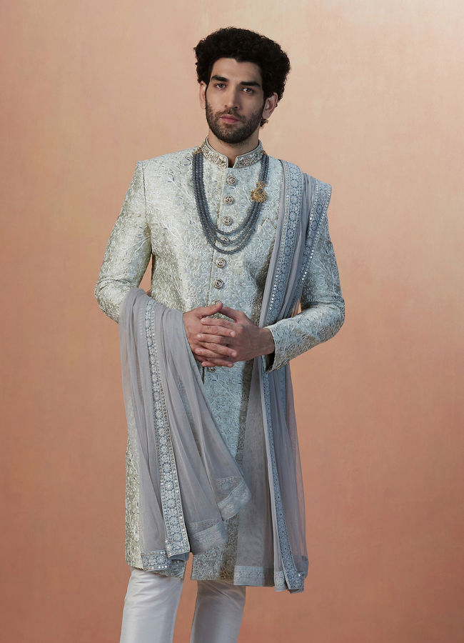 alt message - Manyavar Men Smoke Grey Self Embroidered Sherwani With Dupatta image number 1