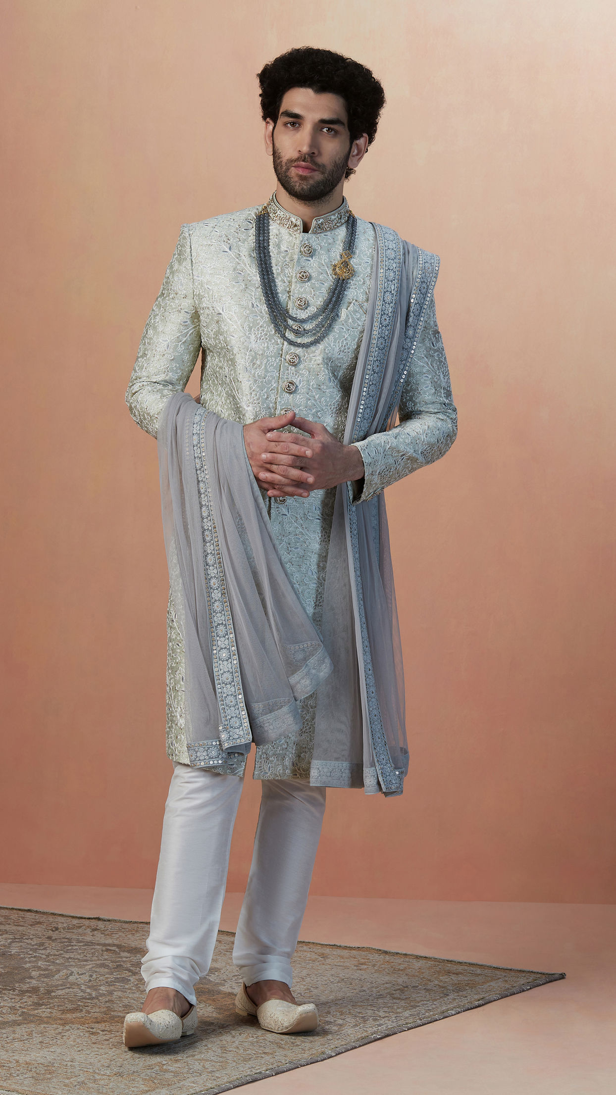 alt message - Manyavar Men Smoke Grey Self Embroidered Sherwani With Dupatta image number 1