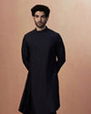 Manyavar Men Dark Blue And Maroon Self Design Draped Indo Western