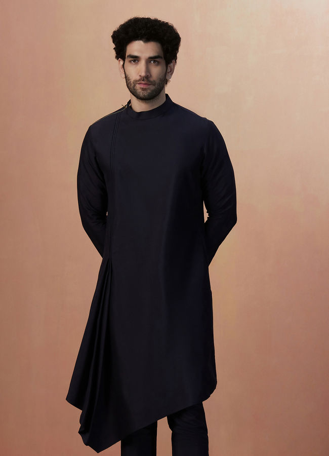 Manyavar Men Dark Blue And Maroon Self Design Draped Indo Western