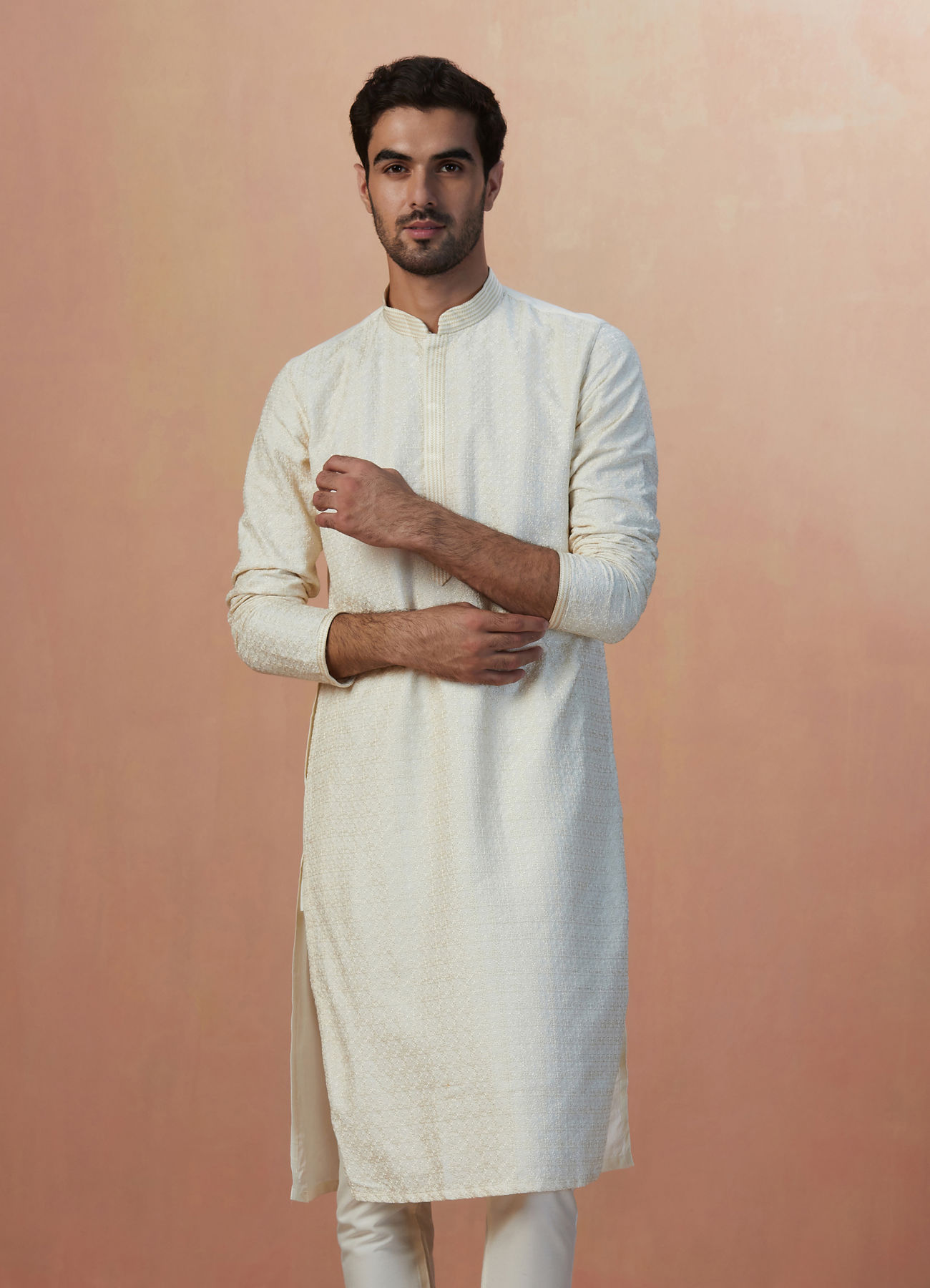 Manyavar Men Sesame White Self Embroidered Kurta Pajama