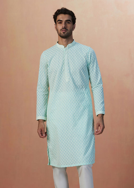 Manyavar Men Aqua Green Chikankari Kurta Pajama